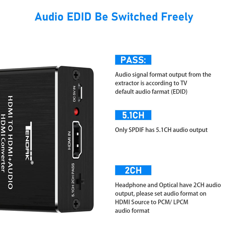  [AUSTRALIA] - Tendak 4K x 2K HDMI to HDMI and Optical TOSLINK SPDIF + 3.5mm Stereo Audio Extractor Converter HDMI Audio Splitter Adapter(HDMI Input, HDMI + Digital/Analog Audio Output),AV-096-BK