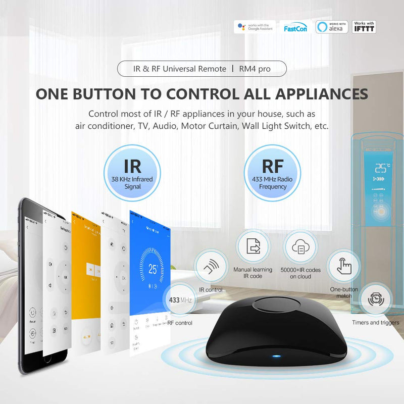  [AUSTRALIA] - BroadLink RM4 pro IR and RF Universal Remote, All in One Hub Code Learning Wi-Fi Remote Control for TV Air Conditioner STB Audio, Curtain Motor, Works with Alexa, Google Home, IFTTT