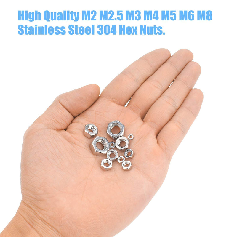  [AUSTRALIA] - DYWISHKEY 310 Pieces Metric 304 Stainless Steel Hex Nuts Assortment Kit for Screw Bolt (M2 M2.5 M3 M4 M5 M6 M8)