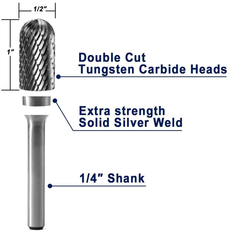 YUFUTOL SC-5 Tungsten Carbide Burr Cylinder Shape with Radius End Double Cut Rotary Burr File(1/2" Cutter Dia X 1"Cutter Length) with 1/4'' shank, 1pcs - LeoForward Australia