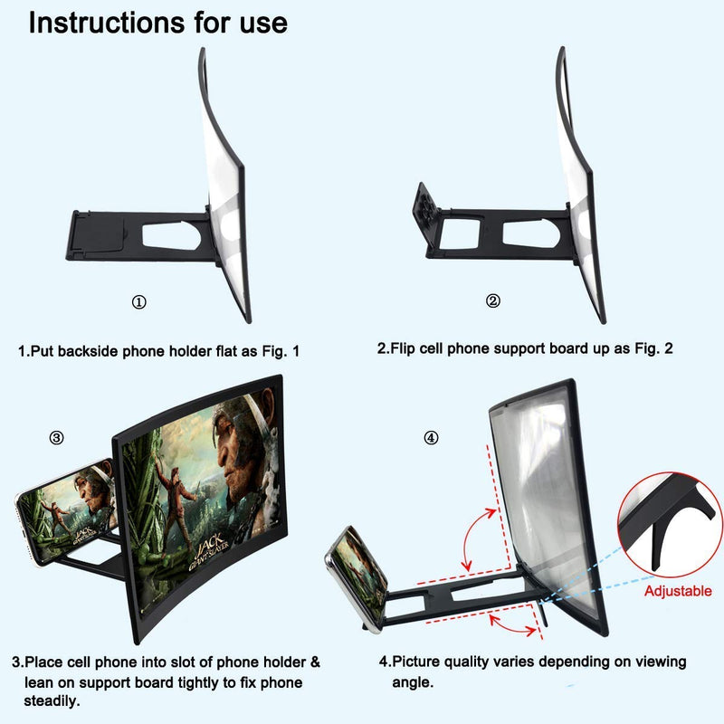  [AUSTRALIA] - Emoly 12'' 3D Curve Screen Magnifier for Cell Phone, HD Amplifier Projector for Movies, Videos, and Gaming Foldable Phone Stand with Screen Amplifier for iPhone,All Smartphones (Black, 12 inch)