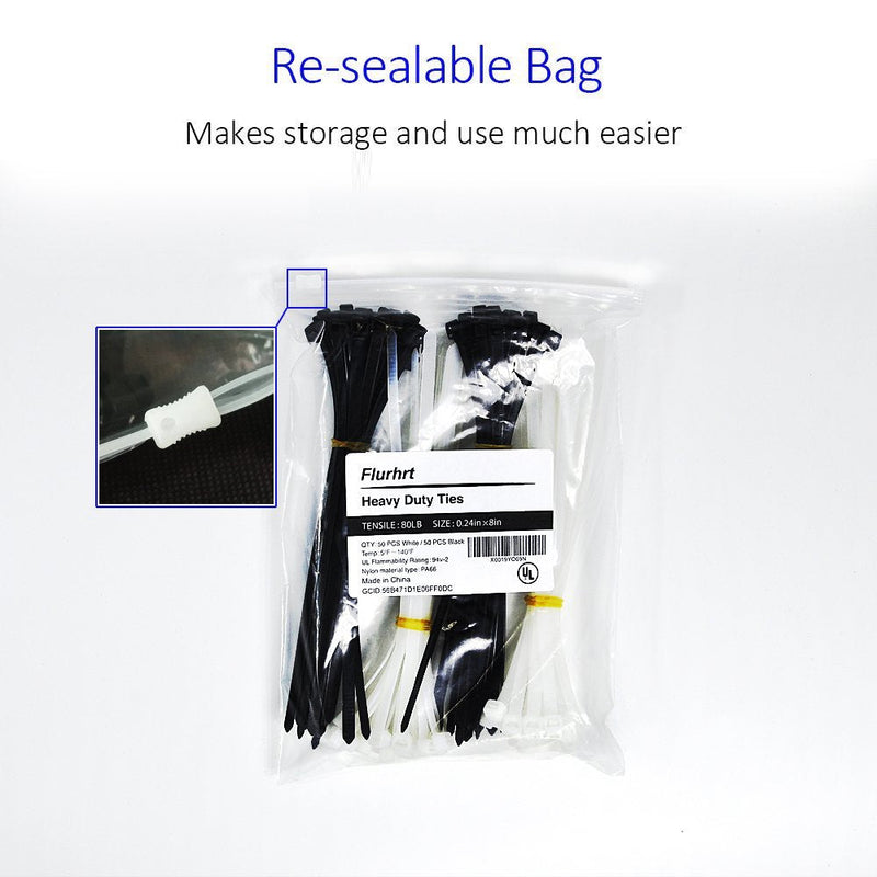  [AUSTRALIA] - Cable Zip Ties Heavy Duty 8 Inch, Ultra Strong Plastic Wire Ties with 80 Pounds Tensile Strength, 100 Pieces, Nylon Tie Wraps with 0.24 Inch/6mm Width in Black & White, Indoor and Outdoor UV Resistant