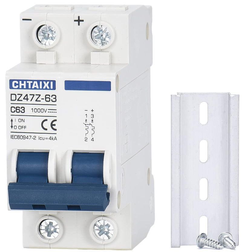  [AUSTRALIA] - DC Miniature Circuit Breaker, 2 Pole 1000V 63 Amp Isolator for Solar PV System, Thermal Magnetic Trip, DIN Rail Mount, Chtaixi DC Disconnect Switch C63 63A