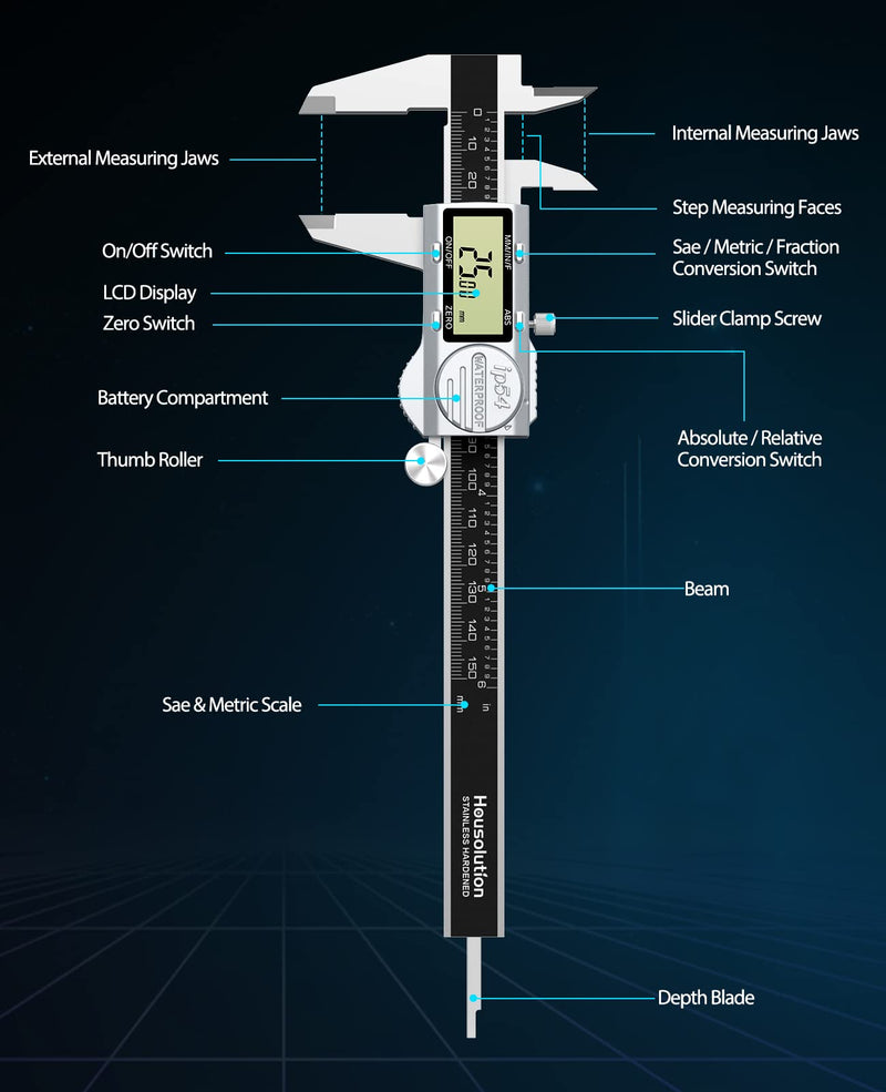  [AUSTRALIA] - Housolution Digital Caliper, Electronic Caliper with ABS Function, 6-Inch IP54 Waterproof Caliper with LCD Display & Replacement Battery, with Feeler Gauge for Precise Measurement, Silver + Black ABS-150mm