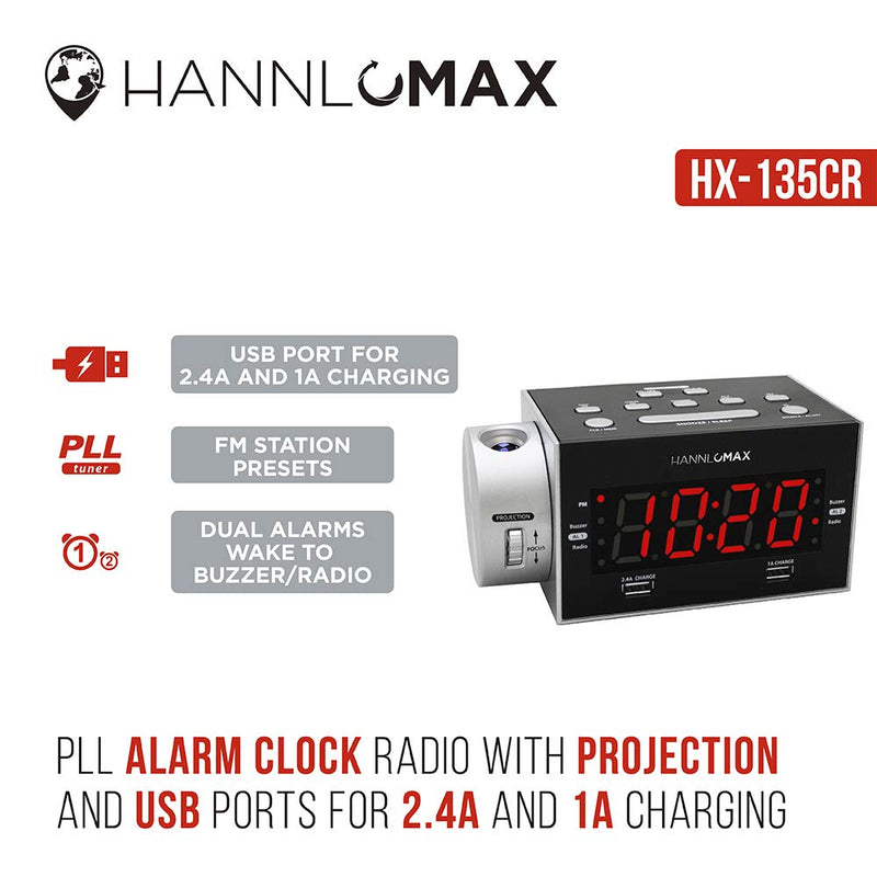 HANNLOMAX HX-135CR Alarm Clock Radio with Projection, PLL FM Radio, Dual Alarm, Dual USB Ports for 2.4A and 1A Charging, 1.2 inches Red LED Display, AC/DC Adaptor Included - LeoForward Australia