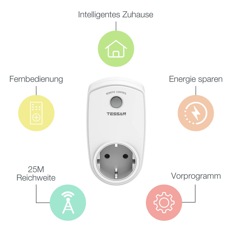  [AUSTRALIA] - Radio sockets with remote control, TESSAN socket with remote control 25 m range, self-learning function, radio socket, radio socket compatible with indoor fairy lights and household appliances, white front switch