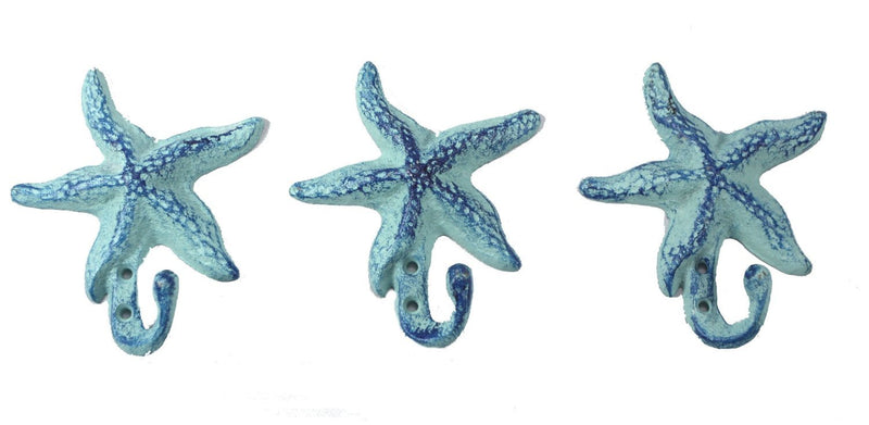 Starfish Cast Iron Wall Hooks Antique Blue - Set of 3 for Coats, Aprons, Hats, Towels, Pot Holders, More - LeoForward Australia