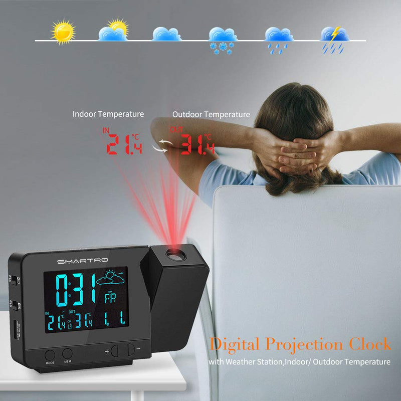  [AUSTRALIA] - SMARTRO SC31B Digital Projection Alarm Clock with Weather Station, Indoor Outdoor Thermometer, USB Charger, Dual Alarm Clocks for Bedrooms, AC & Battery Operated Black