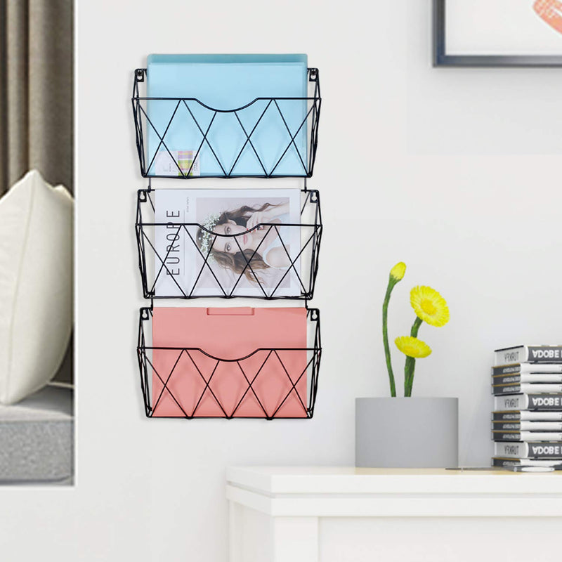  [AUSTRALIA] - KEEGH Wall File Folder Holder 3 Pockets Hanging Wall File Baskets Organizer Mail Holder Metal Office Magazine Rack with Hooks