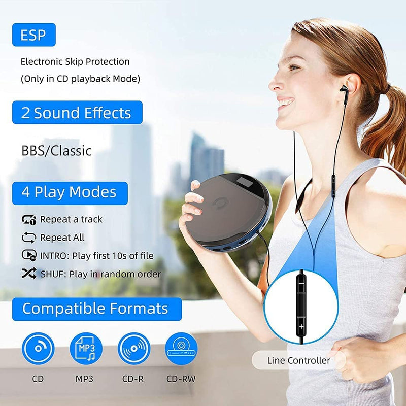  [AUSTRALIA] - Portable Rechargeable CD Player 1800mAh Personal Compact CD Player with LCD Display/Headphones Walkman Music Player Anti-Slip/Anti-Shock Protection for Adults Students Kids (Black) Blue
