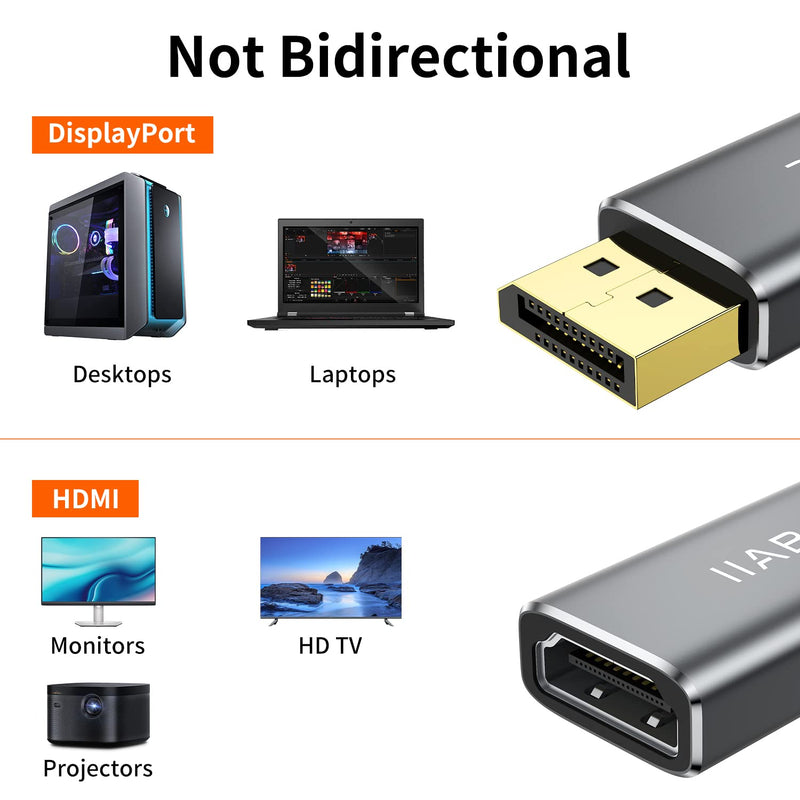  [AUSTRALIA] - Displayport to HDMI Adapter，IIABC 4K 24K Gold Plated Displayport DP to HDMI Female Converter，Uni-Directional Display Port to HDMI Converter Compatible for Lenovo, HP, Dell &More- Grey 1-Pack