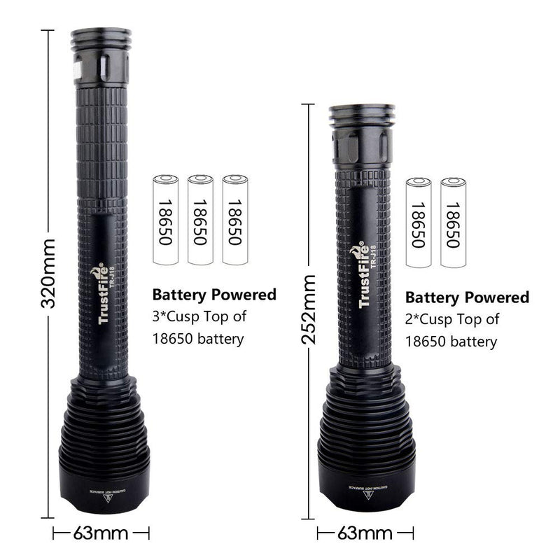 TrustFire 18650 LED Flashlight, J18 Super Bright 8000 Lumens, Water Resistant 5 Light Modes Large Tactical Torch by 2X or 3X 18650 26650 Rechargeable Battery (Battery Not Included) - LeoForward Australia