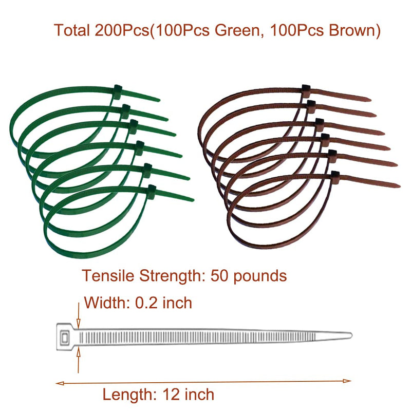  [AUSTRALIA] - MZlatieo 200 Pcs 12 Inch Adjustable Self-locking UV Resistant Nylon Zip Ties, 50 Pounds Tensile Strength-Heavy Duty, Ultra Strong Durable Cable Ties for Indoor And Outdoor (Green & Brown)