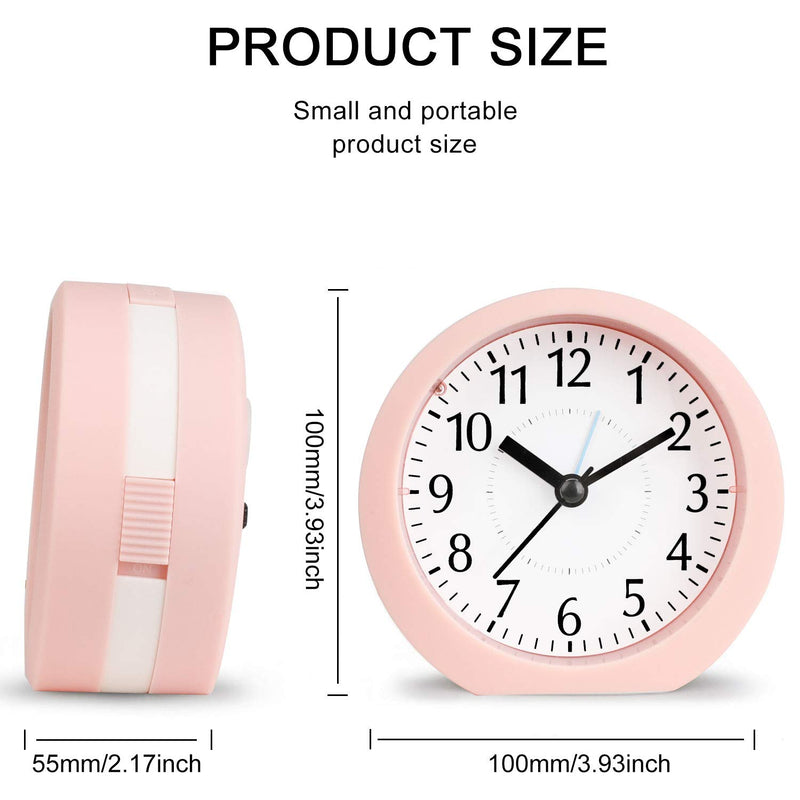  [AUSTRALIA] - Analog Alarm Clock, 4 inch Super Silent Non Ticking Small Clock with Snooze and Night Light, Battery Operated Travel Alarm Clock, Simply Design, for Bedroom, Bedside, Desk(Pink) Pink