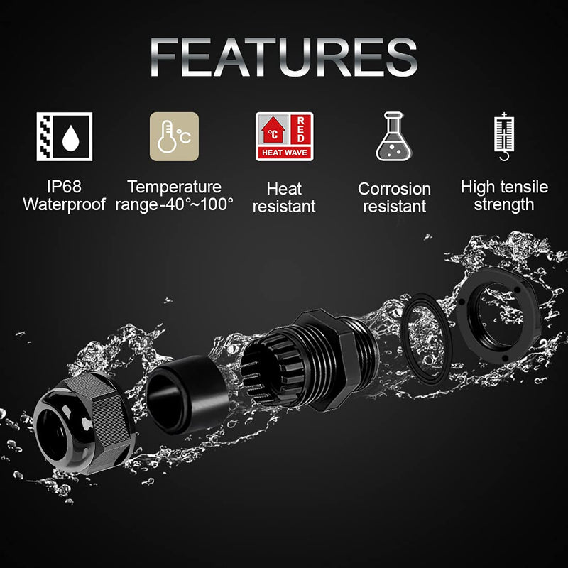  [AUSTRALIA] - LeMotech 5 Pack NPT 1" Cable Glands Waterproof Adjustable 18-25mm Cable Connectors Black Nylon Joints with Gaskets 1inch 5-pack