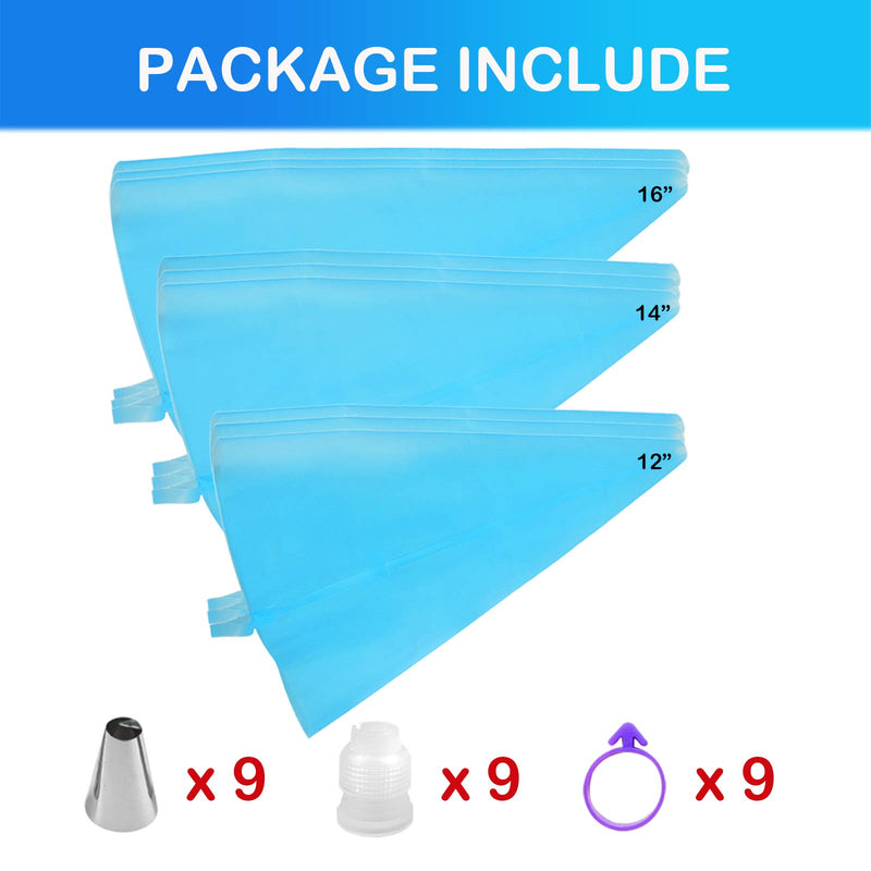  [AUSTRALIA] - Piping Bags Pastry Bags 36Pcs Icing Piping Bags and Tips Sets with 9 Reusable Silicone Piping Bags (12’’+14’’+16’’), 9 Standard Couplers, 9 Different Frosting Tips and 9 Cake Decorating Bag Ties