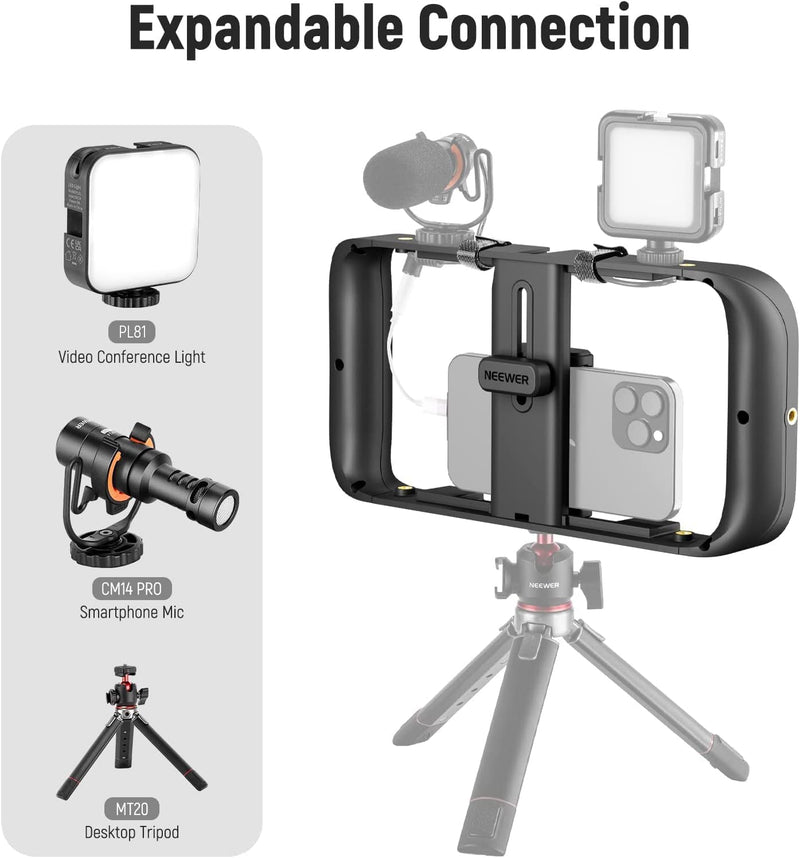  [AUSTRALIA] - NEEWER Smartphone Video Rig, Phone Grip Stabilizer Vlogging Cage with Cold Shoe&1/4” Thread, Video Recording Filming Rig Compatible with iPhone 14 Plus/Pro Max 13 Mini/Pro Max X XS Max XR Android