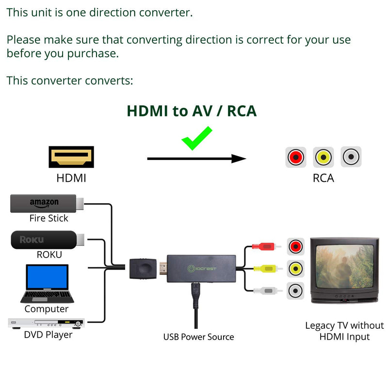  [AUSTRALIA] - I/O Crest HDMI to AV Converter, HDMI to RCA Converter for Old TV, HDMI to 3 RCA Converter HDMI to CVBS Converter Adapter Supports PAL/NTSC, 1080P for Fire Stick, PS3, DVD, Blue-Ray, Xbox one, Roku