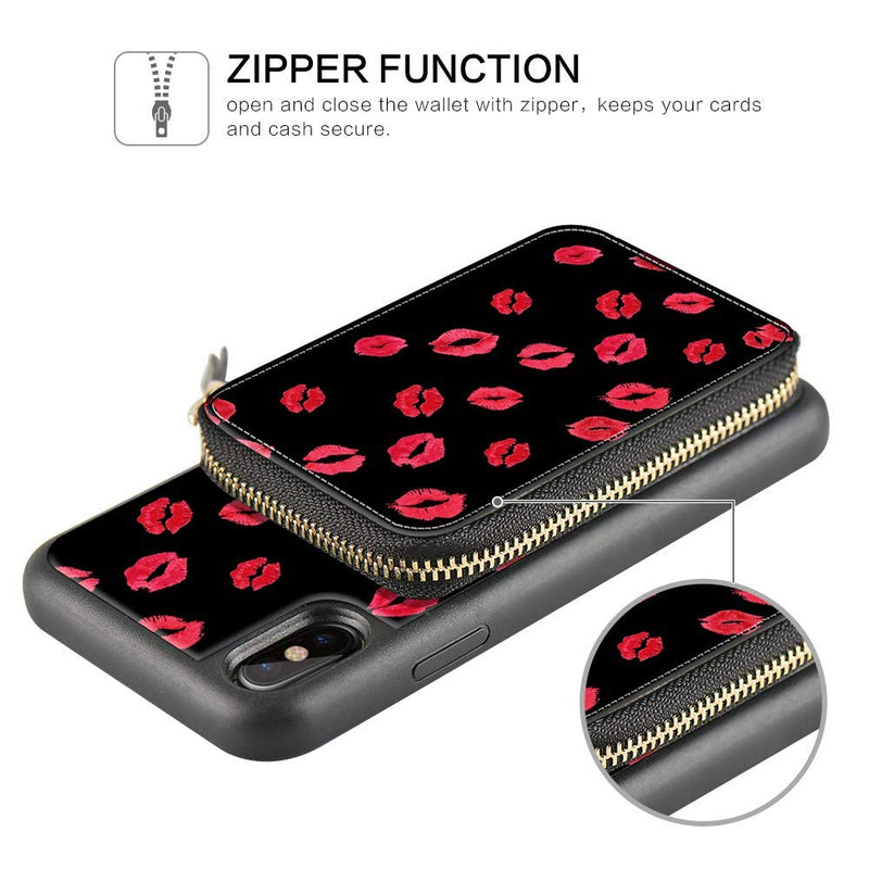  [AUSTRALIA] - ZVE Case Apple iPhone Xs iPhone X, 5.8 inch, Zipper Wallet Case Leather Shockproof Cover Credit Card Holder Slot Handbag Purse Print Case Apple iPhone Xs X - Black Kiss