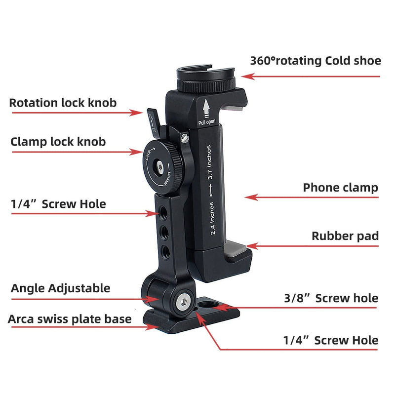  [AUSTRALIA] - Arnarkok Metal Phone Tripod Mount w Rotatable Cold Shoe,360 Rotation & Tilt Angle,Compatible with iPhone Cell Phone Tripod Mount Adapter, Phone Mount for Tripod,Tripod Phone Mount,Video Vlogging Rig