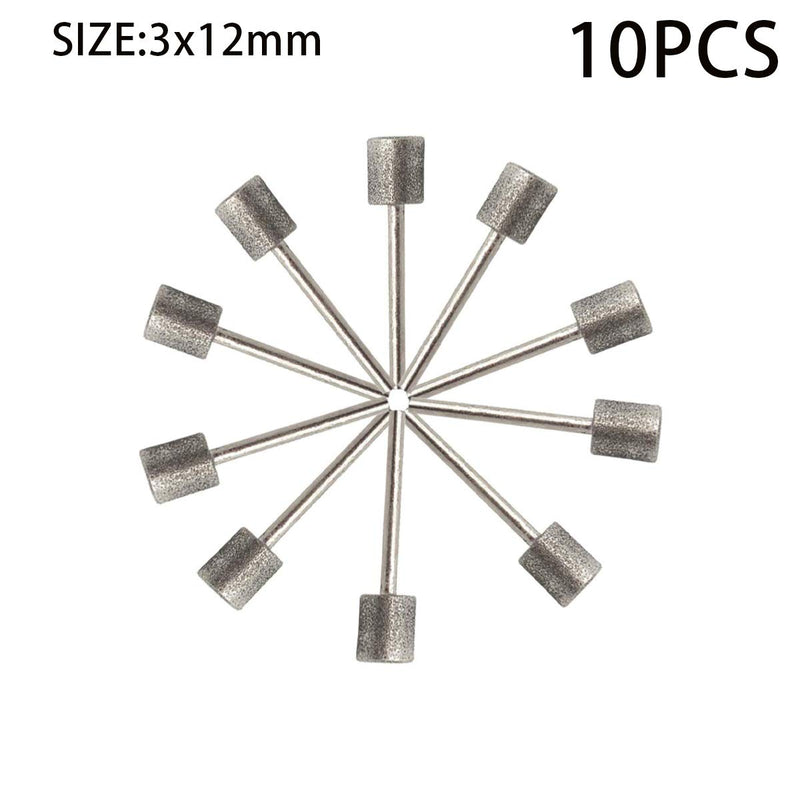  [AUSTRALIA] - NGe 10 Pcs 12mm Cylinder Head Diamond Coated Mounted Points Grinding Bit - 3mm Shank