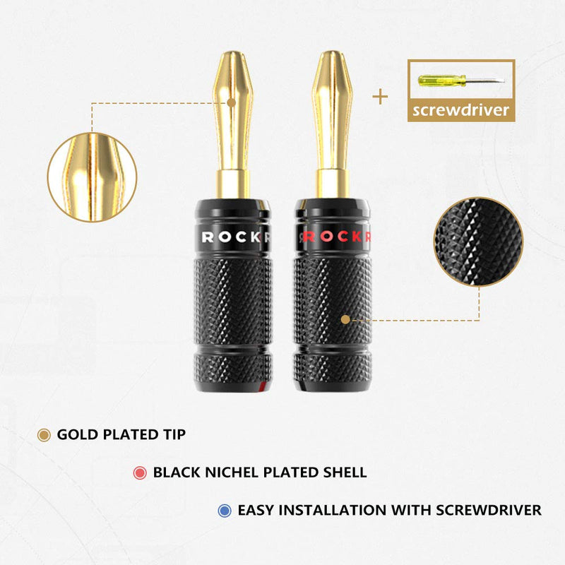  [AUSTRALIA] - ROCKRIX Banana Plugs 6 Pairs / 12 pcs, Dual Closed Screw 24K Gold Plated Banana Connectors for Speaker Wire, Wall Plate, Home Theater, Audio/Video Receiver, Amplifiers and Sound Systems