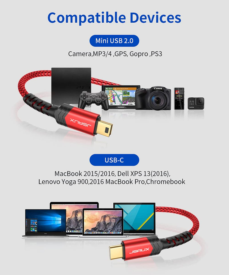 [AUSTRALIA] - JSAUX Mini USB to Type C Cable, USB C to Mini USB 6.6FT Cable Charging Cord for GoPro Hero 3+, PS3 Controller, MP3 Player, Dash Cam, Digital Camera, GPS Receiver, PDAs and More Mini B Devices 2M/Red