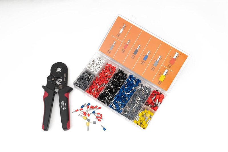  [AUSTRALIA] - Toolex Ferrule Crimping Tool Kit Self Adjusting Ratchet Crimper Pliers with 1200 pcs AWG 23-7 Terminal Connectors for Wiring Project, Red,Black