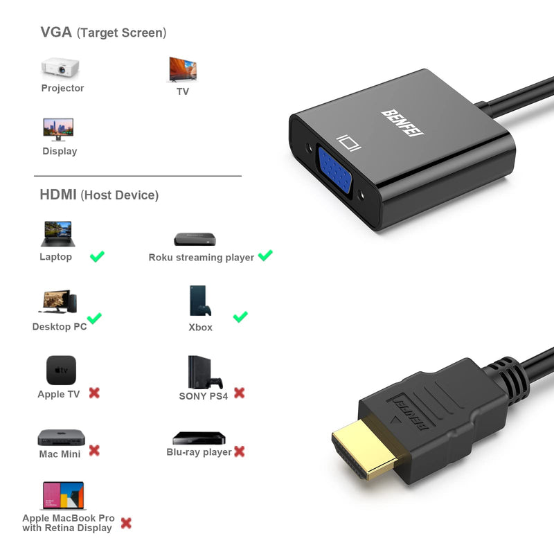  [AUSTRALIA] - BENFEI HDMI to VGA 2 Pack, Gold-Plated HDMI to VGA Adapter (Male to Female) for Computer, Desktop, Laptop, PC, Monitor, Projector, HDTV, Chromebook, Raspberry Pi, Roku, Xbox and More - Black