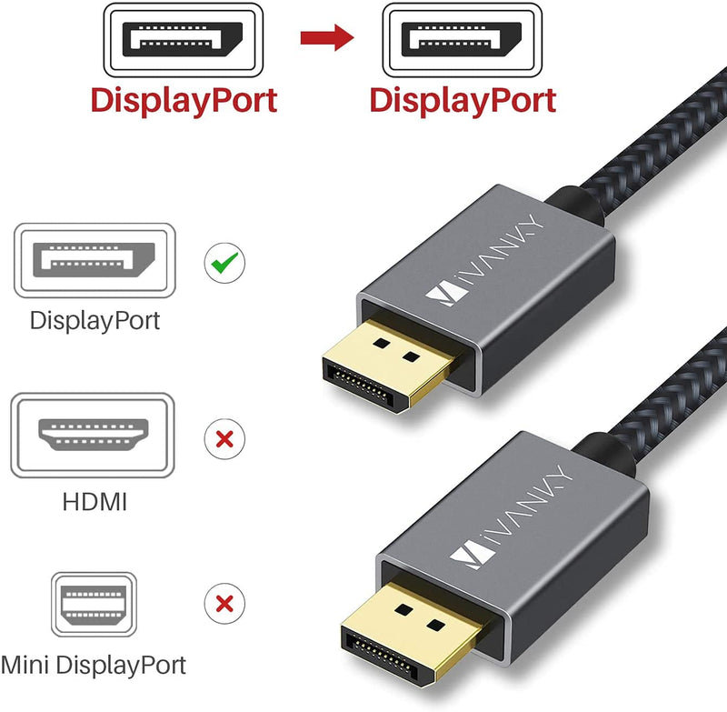  [AUSTRALIA] - VESA Certified DisplayPort Cable, iVANKY 1.2 DP Cable 6.6ft/2M, [4K@60Hz, 2K@165Hz, 2K@144Hz], Gold-Plated Braided High Speed Display Port Cable 144Z, for Gaming Monitor, Graphics Card, TV, PC, Laptop 6.6 Feet Grey