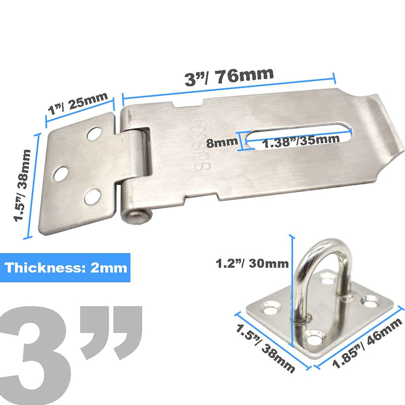  [AUSTRALIA] - 2 Pack 3 Inch Padlock Hasp 304 Stainless Steel Security Door Clasp Hasp Lock Latch Safety Packlock Clasp 2mm Thickness, Brushed Finish with Screws