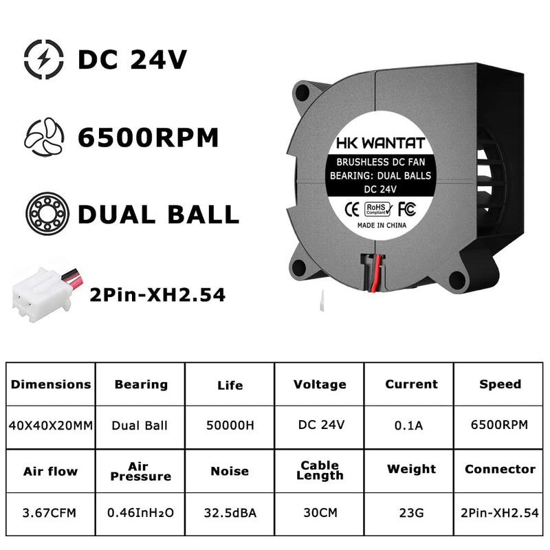  [AUSTRALIA] - 3Pcs HKWANTAT Dual Ball Bearings Brushless DC Cooling 40mm Blower Fan 24v 4020 40x40x20mm 2-Pin Blower-24V-Ball