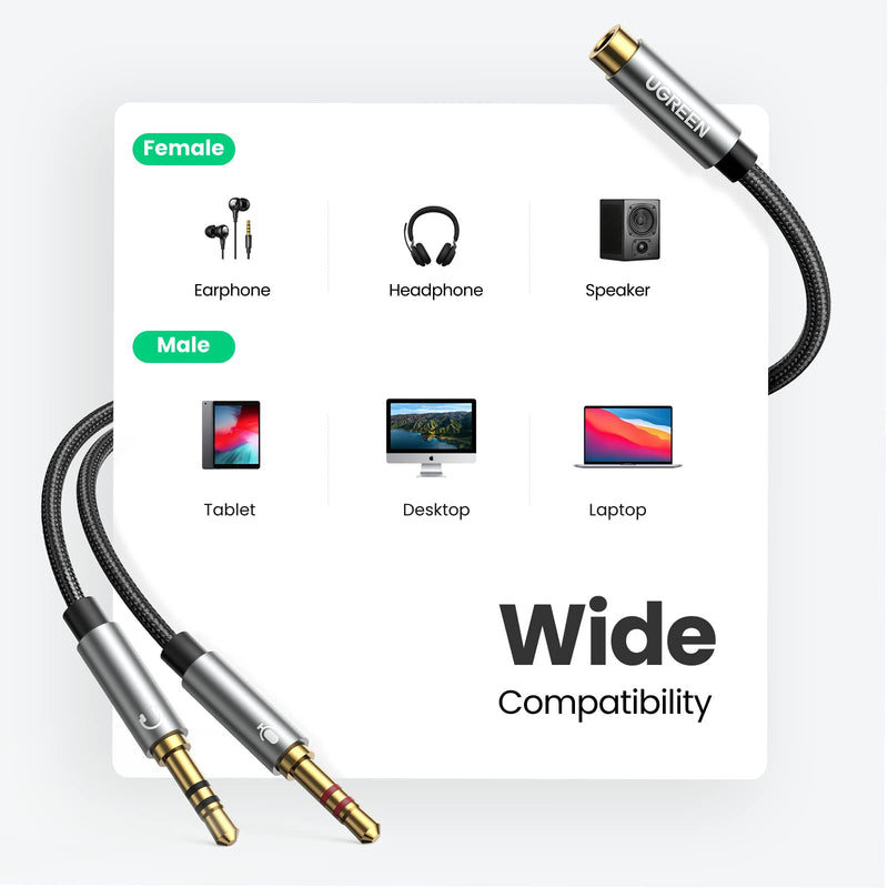  [AUSTRALIA] - UGREEN Headphone Splitter for Computer 3.5mm Female to 2 Dual 3.5mm Male Braided Audio Splitter Cable Microphone Stereo Jack Earphones Port Cord Gaming Headset to PC Laptop Adapter Black