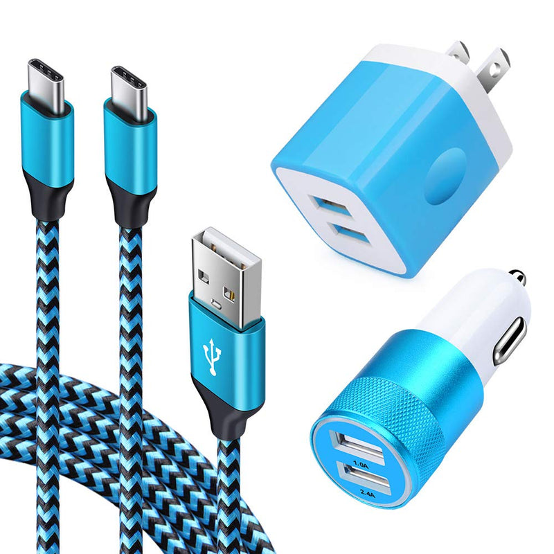  [AUSTRALIA] - Fast Car Phone Adapter, 3.4 A Car Charger Set for Samsung Galaxy A13 5G,A42, A52,A20s,A30s,Note 10,S20 /S10 Pixel 5 4A XL LG Stylo 6,Wall Plug in Phone Charger+ 2PC 6 FT Cable Cords Blue-(4 in 1 Charger Set)