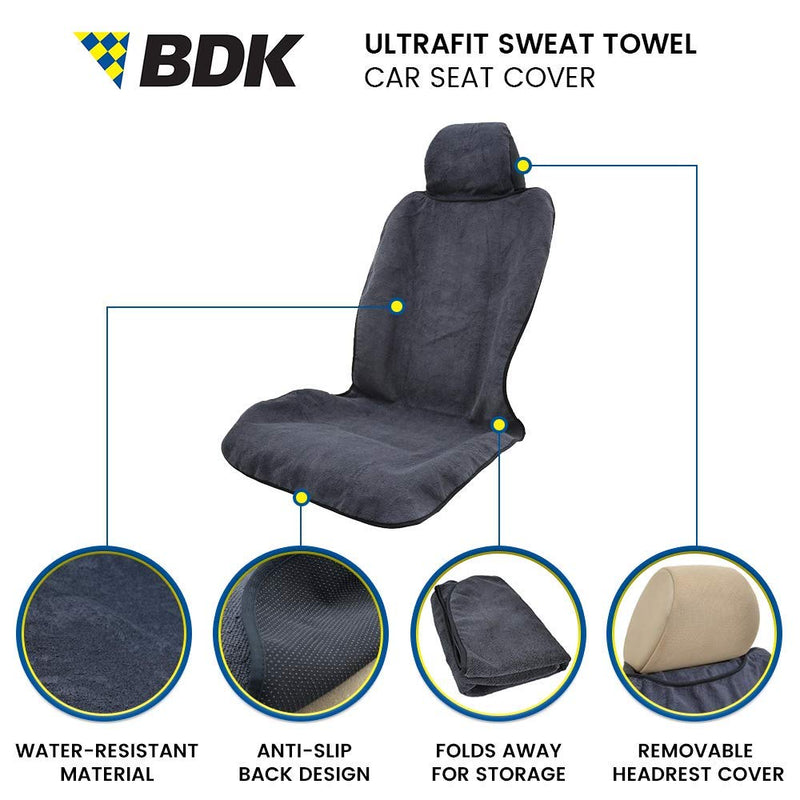  [AUSTRALIA] - BDK UltraFit Gray Trim 1 Piece Car Seat Towel Cover – Waterproof Machine-Washable Sweat Protector, Ideal for Gym Swimming Surfing Running Crossfit, Universal Fit for Auto Truck Van and SUV