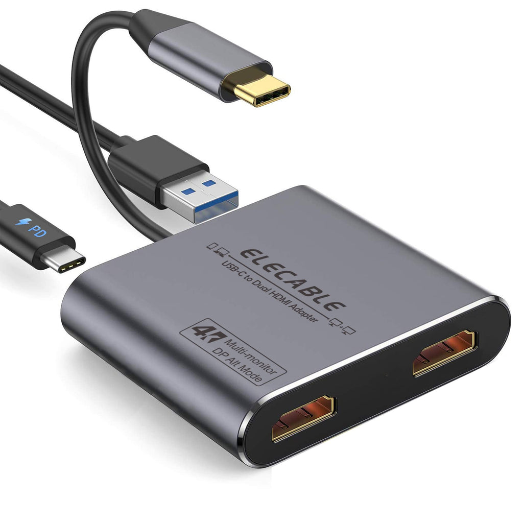  [AUSTRALIA] - ELECABLE USB C to Dual HDMI Adapter 4K, USB+PD Charging+2 HDMI 4 in 1 for Mac/iPad Pro,Surface,Chrome,Switch,Phnoe,etc. Type C/USB C/Thunderbolt Device (4 in 1)