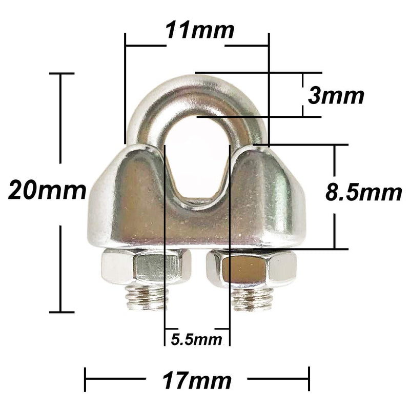  [AUSTRALIA] - HEVERP 20PCS 1/8 Inches M3 Stainless Steel Wire Rope Cable Clip Clamp