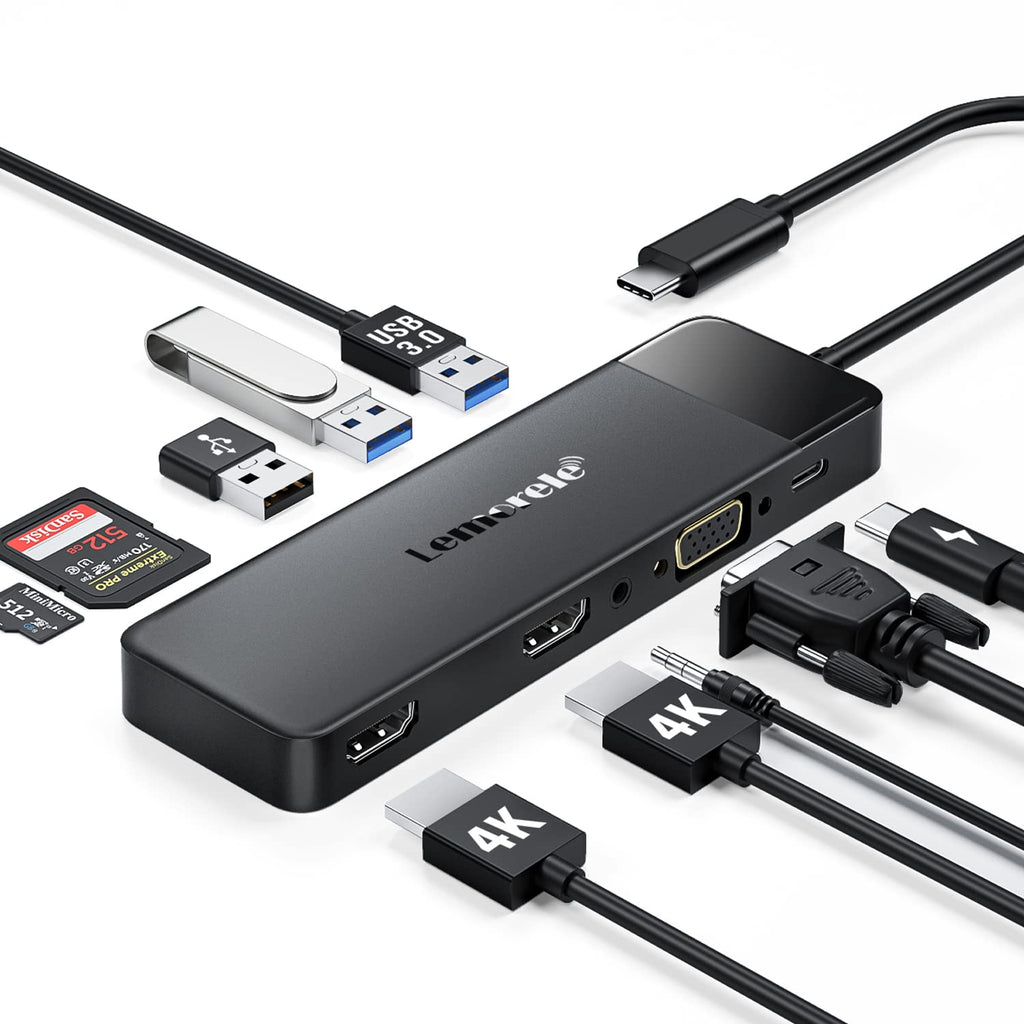  [AUSTRALIA] - Lemorele USB C Docking Station for Laptop, 10 in 1 Triple Display Monitors Adapter w/4K Dual HDMI, 1080P VGA, 3 USB3.0/2.0, TF/SD 2.0, 3.5mm Audio, 100W PD, for MacBook, HP, Dell, Lenovo, Surface Black