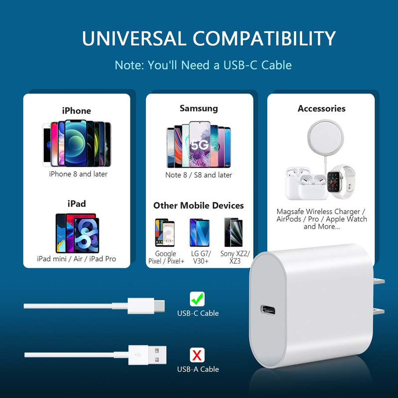  [AUSTRALIA] - USB C Charger, Yootech 20W USB C Wall Charger Block Compatible with iPhone 14/14 Plus/14 Pro Max/13/13 Mini/13 Pro Max/12 Series/11/MagSafe,Galaxy S21/S20,Pixel 4/3,iPad Pro,AirPods Pro and More White