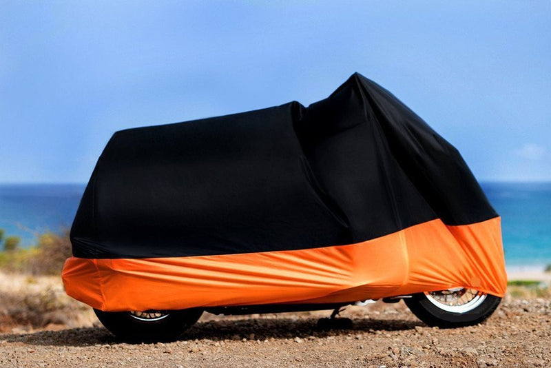  [AUSTRALIA] - XYZCTEM All Season Black&Orange Waterproof Sun Motorcycle cover,Fits up to 108" Harley Davison,Honda,Suzuki,Kawasaki,Yamaha and More (XX Large)