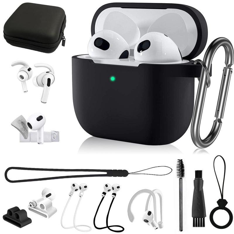  [AUSTRALIA] - 14in1 for AirPods 3 Case Silicone Accessories Set 2021 Released,Protective Cover for AirPods 3 Generation Charging Case w/Ear Tip Cover Hook/Watch Band Holder/Clean Putty/Carry Box/Keychain Black