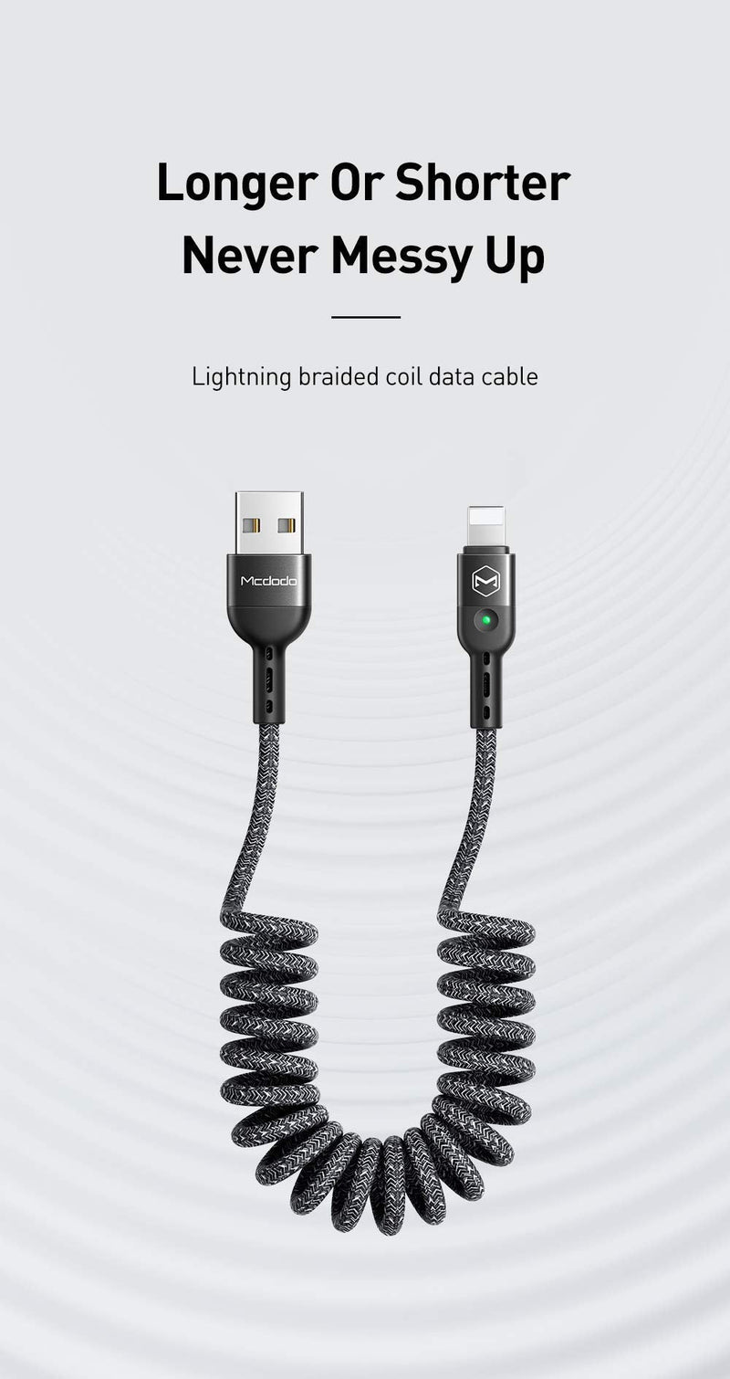  [AUSTRALIA] - mcdodo Anti Winding Cable, LED Coiled Cord Nylon Braided Sync Charge USB Data 6FT/1.8M Cable Compatible New Phone List Below (Black, 6FT/1.8M) Black