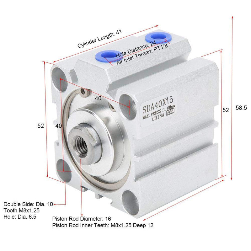 SDA40 Thin Air Cylinder Pneumatic Component Aluminum Alloy Double Action Anti-Collision Pad Pneumatic Components Air Cylinder 10/15/20mm(SDA40X15) - LeoForward Australia