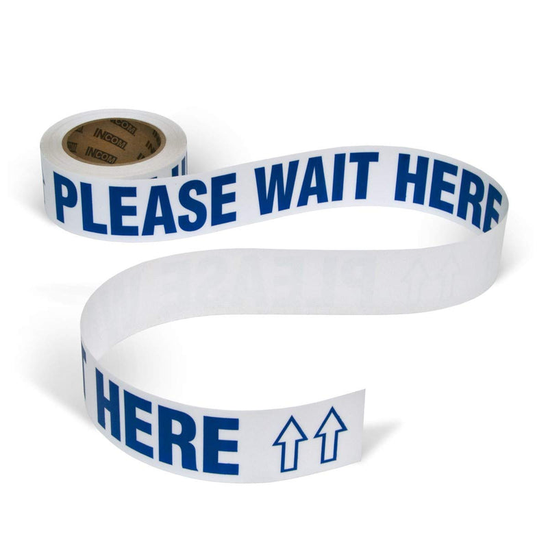  [AUSTRALIA] - INCOM Manufacturing: Social Distance Safety Message Adhesive Floor Marking Tape, Legend"Please Wait HERE", 2.25 Inch x 54 Foot, 30 Legends Per Roll, White/Blue