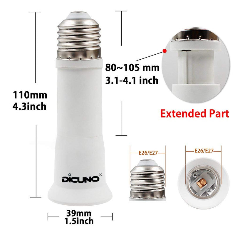  [AUSTRALIA] - DiCUNO E26 3.15-4.13Inch/8-10.5CM Extension Flexible Socket Extender Adapter, E26 to E26 Edison Screw Converter, Lamp Bulb Socket Extension, Lamp Holder Adapter (2-Pack) 2 Pack