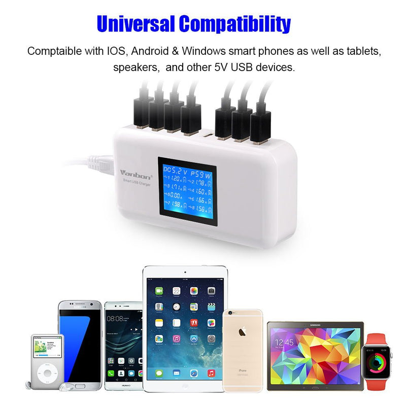  [AUSTRALIA] - Vanbon 60W 8-Port USB Wall Charger, Multi Port USB Charger Charging Station W/LCD Compatible with Smart Phone, Tablet and Multiple Devices 60W Charger-White