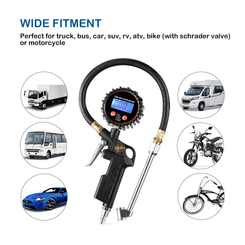 CZC AUTO Digital Tire Inflator Pressure Gauge, LED Display Tyre Deflator Gage with Dual Head Chuck Rubber Hose MNPT Fitting, Compatible with Air Pump Compressor for Truck Bus RV Car Motorcycle Bike - LeoForward Australia