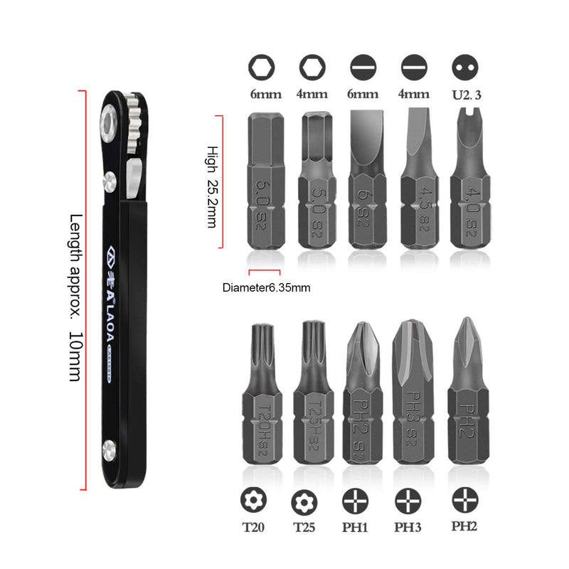  [AUSTRALIA] - LAOA 10pcs Mini Ratchet Bits Set Tight Space Torque Screwdriver Close Quarters 1/4 Micro EDC Tool Reversible Drive Handle