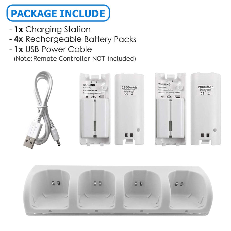  [AUSTRALIA] - 4-in-1 Charging Station for Wii&Wii U Remote Controller,Charger with 4 Rechargeable Battery Packs (4 Port Charging Station+4 pcs 2800mAh Replacement Batteries+USB Cable),Remote Not Included