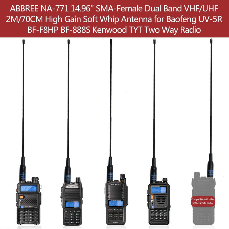 ABBREE NA-771 14.96Inch SMA-Female Dual Band VHF/UHF High Gain Soft Whip Antenna for Baofeng UV-5R BF-F8HP BF-888S Kenwood TYT Two Way Radio Handheld Antenna NA-771 14.96“ VHF/UHF - LeoForward Australia